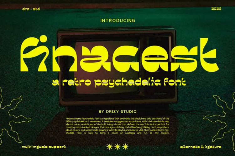 Finacest – Retro Psychedelic Font Finacest潮流复古迷幻酸性逆反差潮牌标识海报封面标题英文字体包