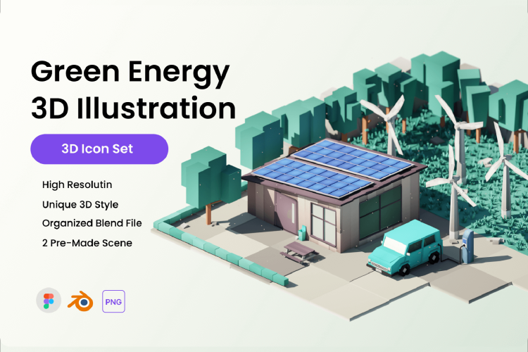 Green Energy 3D Illustration 绿色能源风力发电环境环保手绘插画插图Blend模型素材包