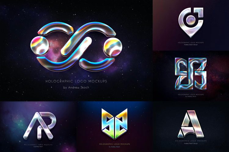 Holographic Logo Mockups 6款潮流复古镭射3D立体金属字logo标识特效字ps样机设计素材模板