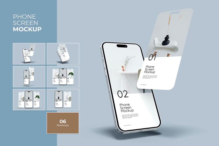 Phone With App Screen Mockup 6款苹果刘海屏屏幕模型ui用户界面展示设计智能贴图ps样机素材模板