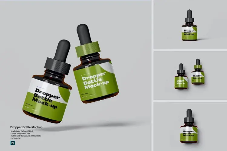 Dropper Bottle Mock-up v.2 5款化妆品医药滴管瓶模型展示设计贴图ps包装样机素材模板