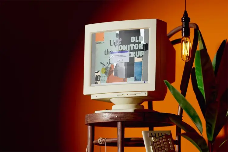 Old Monitor Screen Mockup 椅子上的老旧电脑显示器屏幕模型设计贴图ps数码样机素材模板 3psd