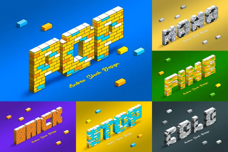 Bricks Text Effects 6款卡通墙砖块积木拼接文字文本字母ps特效样机素材模板