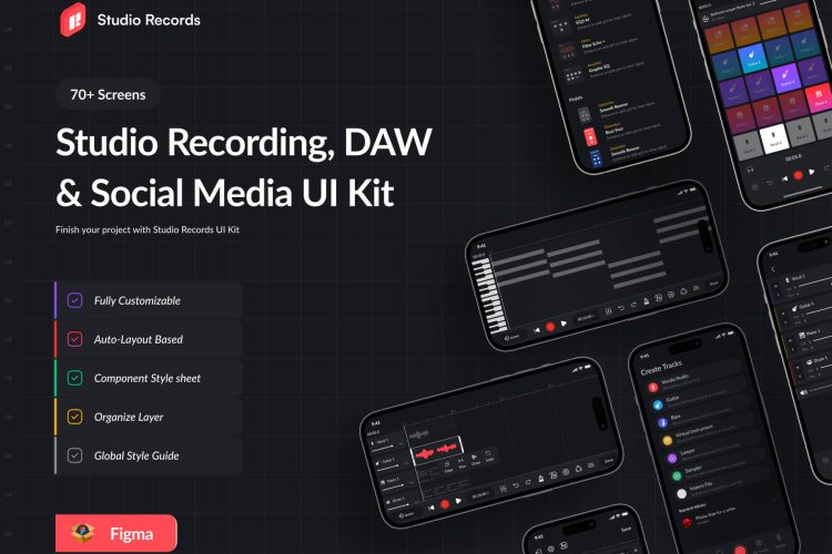 Studio Records DAW UI Kit 社交媒体音频音乐剪辑作曲播放app用户界面设计ui套件