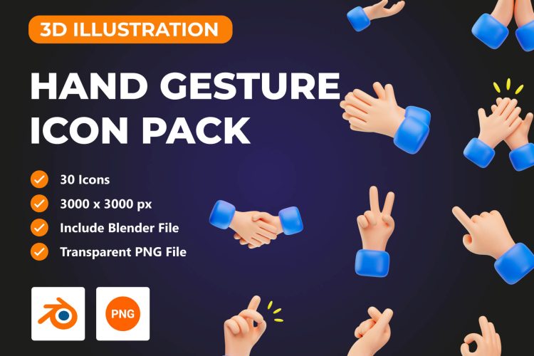 Hand Gesture 3D Icon Pack 30款趣味卡通手势3D图标icon设计素材png免抠图片