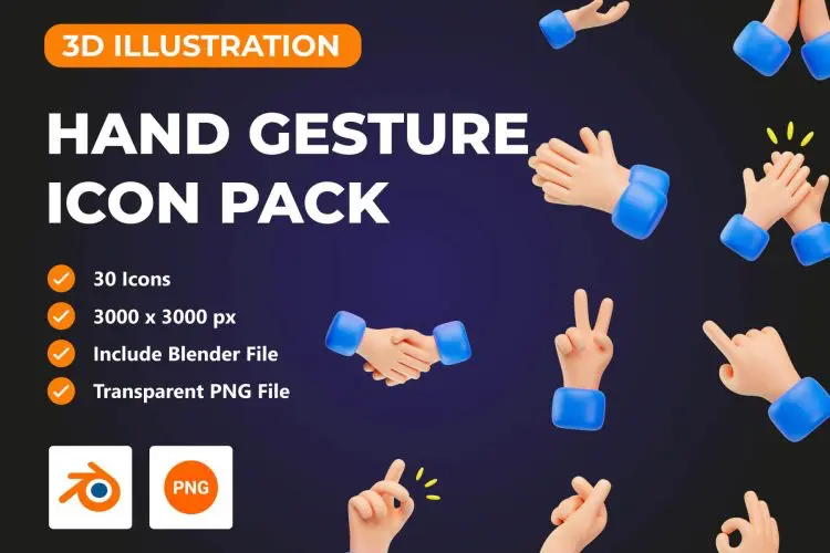 Hand Gesture 3D Icon Pack 30款趣味卡通手势3D图标icon设计素材webp免抠图片