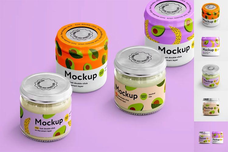 Baby Food Jar Mockup Set 6款食品果酱玻璃密封储物罐产品包装设计ps样机素材展示效果图