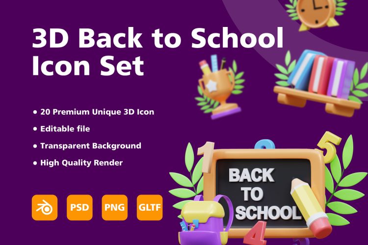 3D Back to School Item icon set 20款3D立体卡通开学季学习用品文具插图插画png免抠图片设计素材