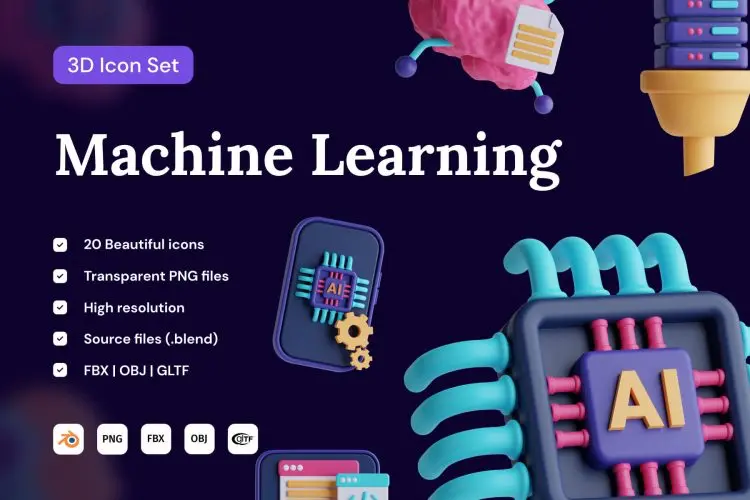 Machine Learning 3D Icon Set 20款3D卡通立体Ai人工智能芯片数据传输插图插画webp免抠图片素材