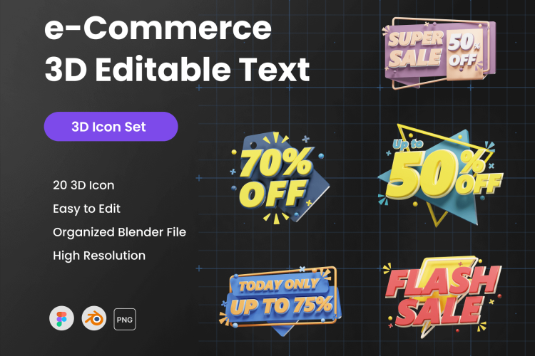 e-Commerce 3D Editable Text 21款3D立体电商大促折扣促销打折降价标签png免抠图片设计素材