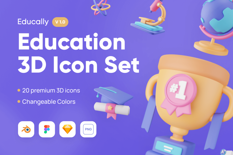 Educally – Education 3D Icon Set 20款校园教育学习3D创意元素icon图标png免抠图设计素材