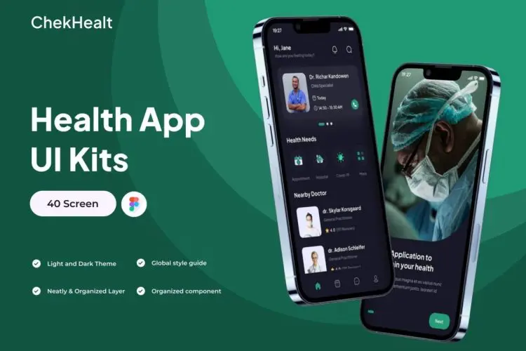 ChekHealt – Health Apps UI Kits 40屏健康医疗保健医院在线就诊挂号软件APP用户界面设计UI套件素材