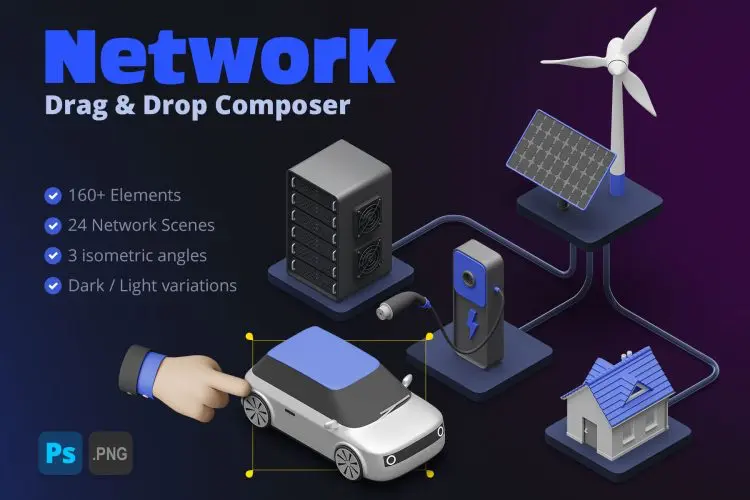 Network – 3D Scene Composer 快递物流运输流水线云服务运作场景手势演示3D插图插画webp免抠图片设计素材