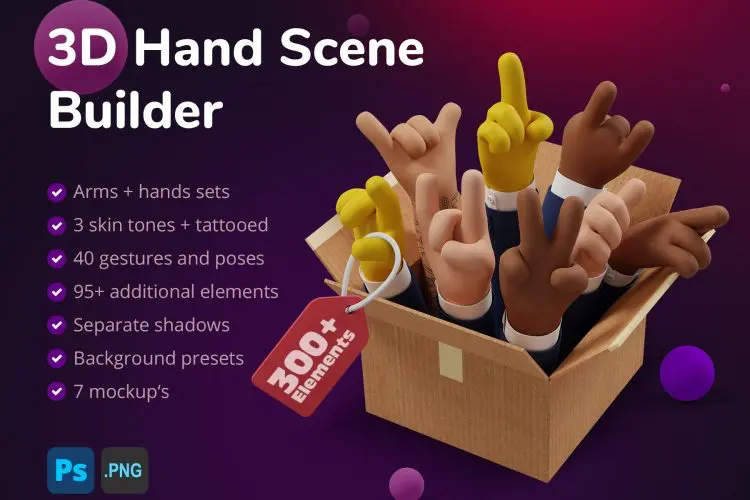 3D Hand Scene Builder 76款创意卡通3D趣味手指手势动作插图插画webp免抠图片设计素材