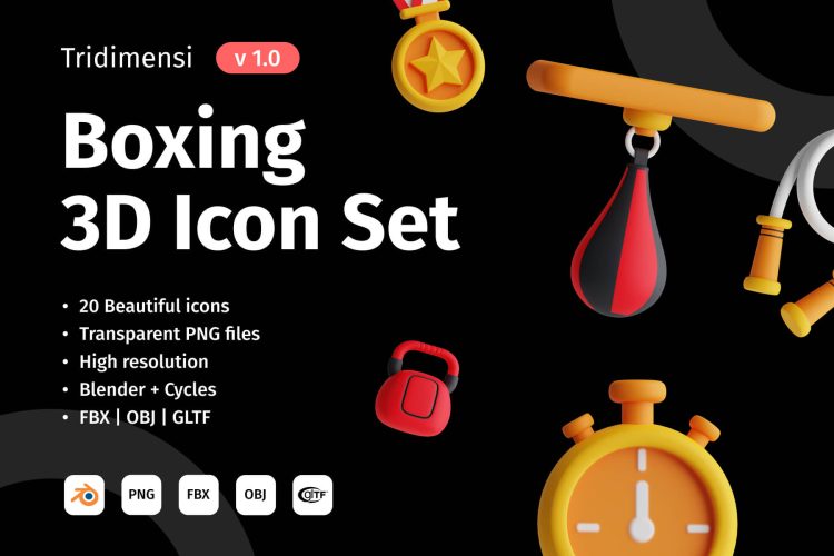 3D Boxing Icon Set 20款拳击训练擂台比赛插图3D图标icon素材png免抠图文件