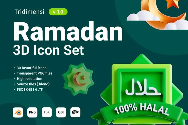 3D Ramadan Icon Set 30款伊斯兰斋月节日装饰3D插图插画webp免抠图设计素材