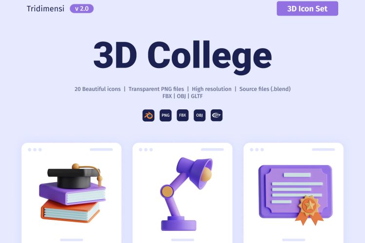 3D College Icon Set 20款趣味卡通3D立体学习教育开学季文具icon图标png免抠图片素材