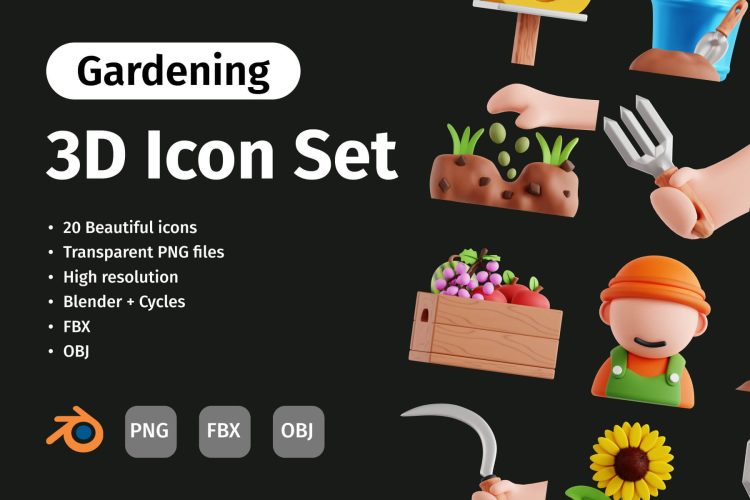 3D Gardening Icon Set 20款园丁园艺植物栽培3D图标icon素材png免抠图文件