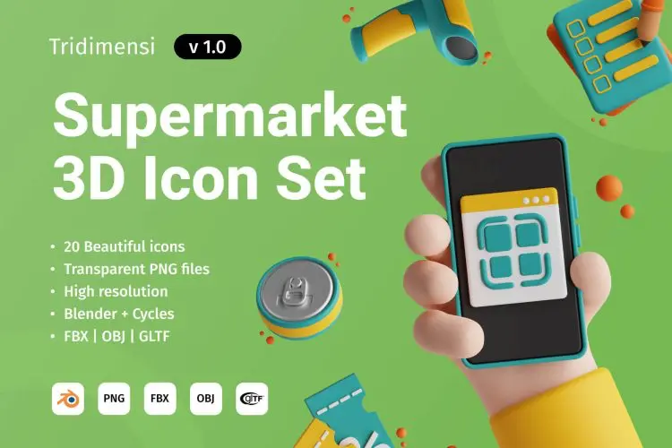 3D Supermarket 20款电商购物模型计算器收银机在线商城3D图标icon素材大全