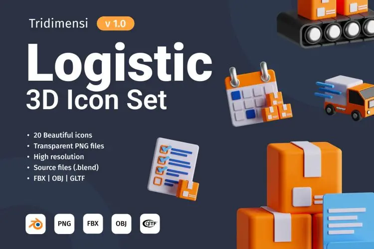 3D Logistic Icon Set 20款3D卡通立体海运电商物流快递货运插图插画webp免抠图片素材
