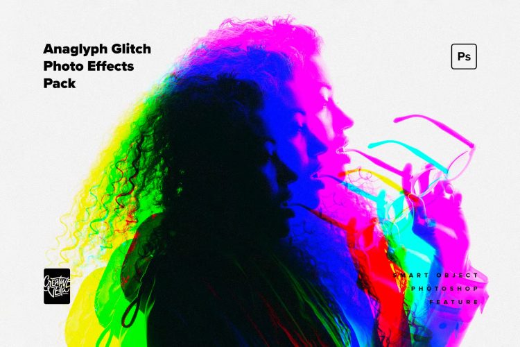 Anaglyph Glitch Photo Effects Pack 潮流艺术RGB失真故障风错位偏移叠印图像照片滤镜ps样机特效模板