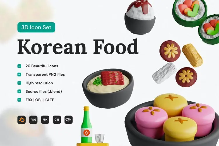 Korean Food 3D Icon Set 20款韩国美食物糕点点心3D图标icon设计素材webp免抠图片