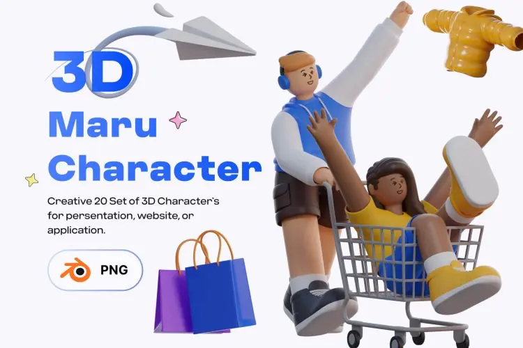 Maru 3D Characters 20款自定义改色3D人物角色网站app站位插图插画webp免抠图设计素材