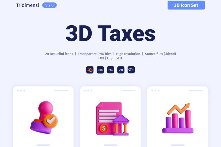 3D Taxes Icon Set 20款税务征税纳税缴税演示插图3D图标icon设计素材png免抠图片