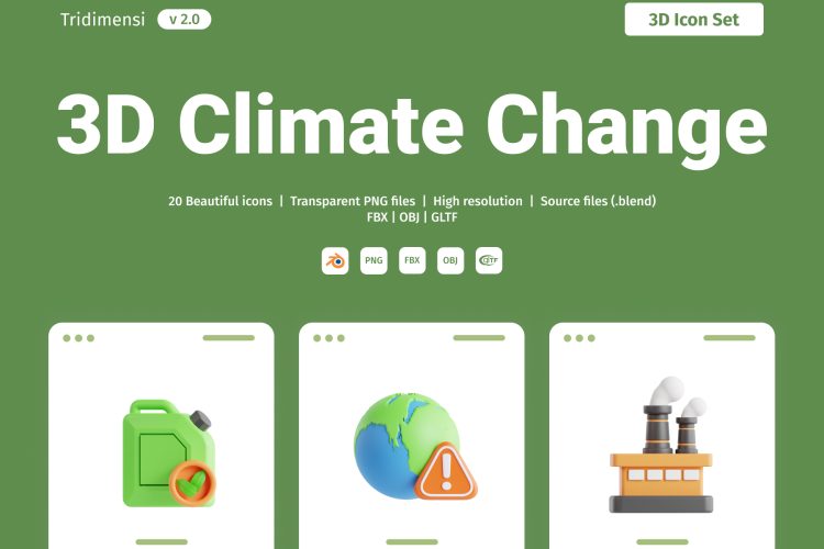 Climate Change 3D Icon Set 20款气候变化3D立体卡通生态环保新能源插图插画png免抠图片素材