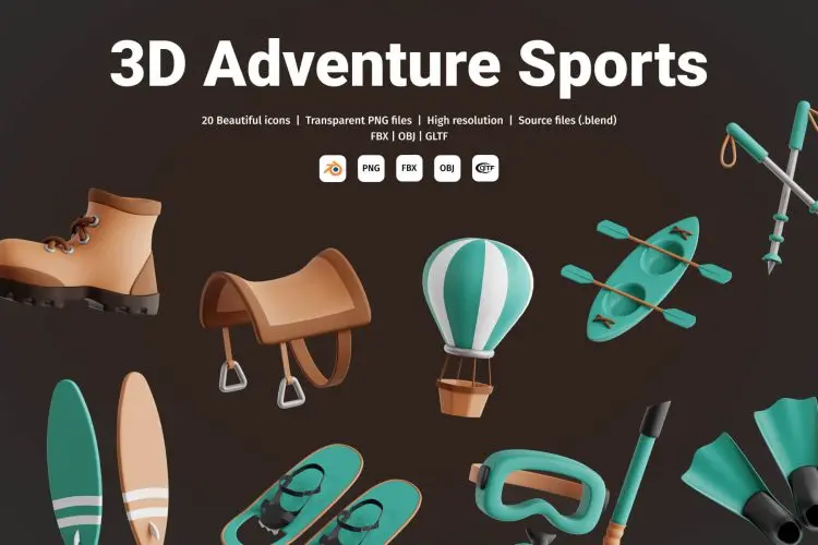 Adventure Sports 3D Icon Set 20款极限运动野外冒险潜水登山马术3D立体图标插画