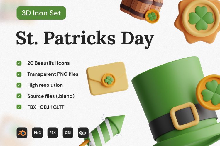 St. Patricks Day 3D Icon Set 20款圣帕特里克节日庆典装饰元素3D图标icon设计素材png免抠图片