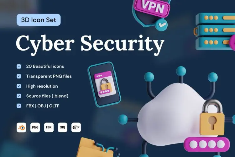 Cyber Security 3D Icon Set 20款网络安全信息加密终端访问警示效果演示3D图标icon素材webp免抠图片