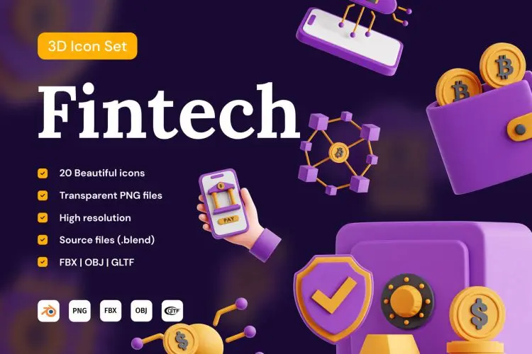 Fintech 3D Icon Set 20款金融科技区块链加密技术3D图标模型三维立体比特币挖矿icon图标素材