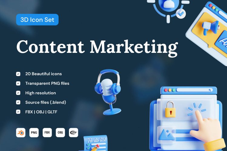 Content Marketing 3D Icon Set 20款3D立体卡通搜索引擎优化内容营销png免抠icon图标设计素材