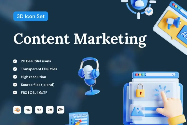 Content Marketing 3D Icon Set 20款3D立体卡通搜索引擎优化内容营销webp免抠icon图标设计素材