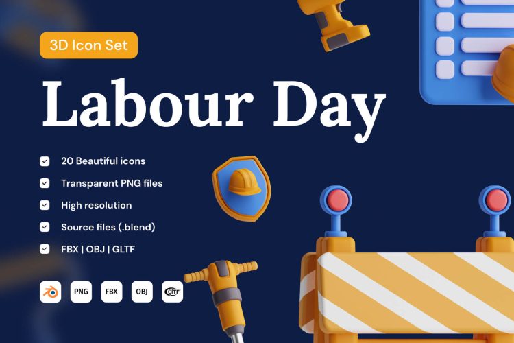 Labour Day 3D Icon Set 20款建筑队施工队安全帽路障劳动3D立体卡通图标icon插画免扣PNG图片