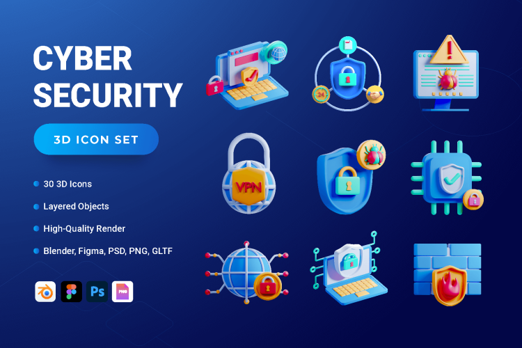 3D Cyber Security Icon Set 30款网络安全信息加密终端访问警示效果演示3D图标icon素材png免抠图片