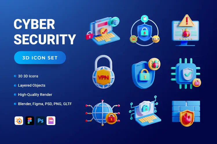 3D Cyber Security Icon Set 30款网络安全信息加密终端访问警示效果演示3D图标icon素材webp免抠图片