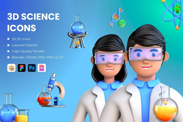 3D Science Icons 30款科学化学实验医学DNA科研人员3D立体图标icon插图插画