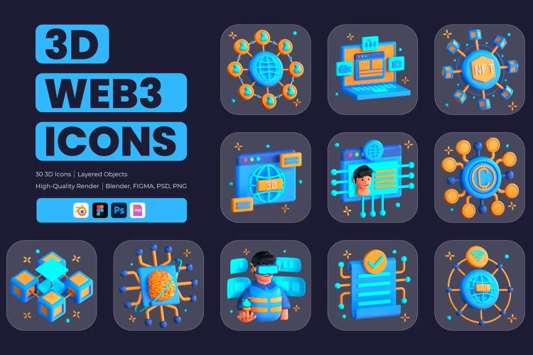 3D Web 3.0 Icons Illustration 30款科技未来加密数字货币区块链3D金融图标icon素材png免抠图文件