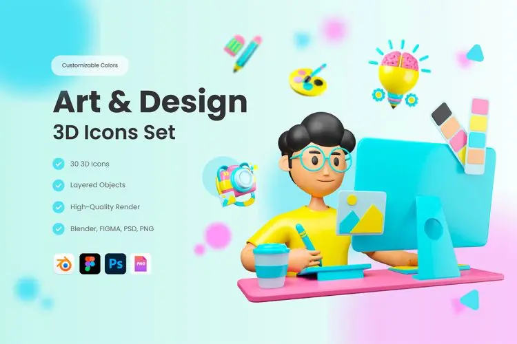 3D Art & Design Icons 30款设计师人物插画艺术与设计图标icon免扣PNG图片