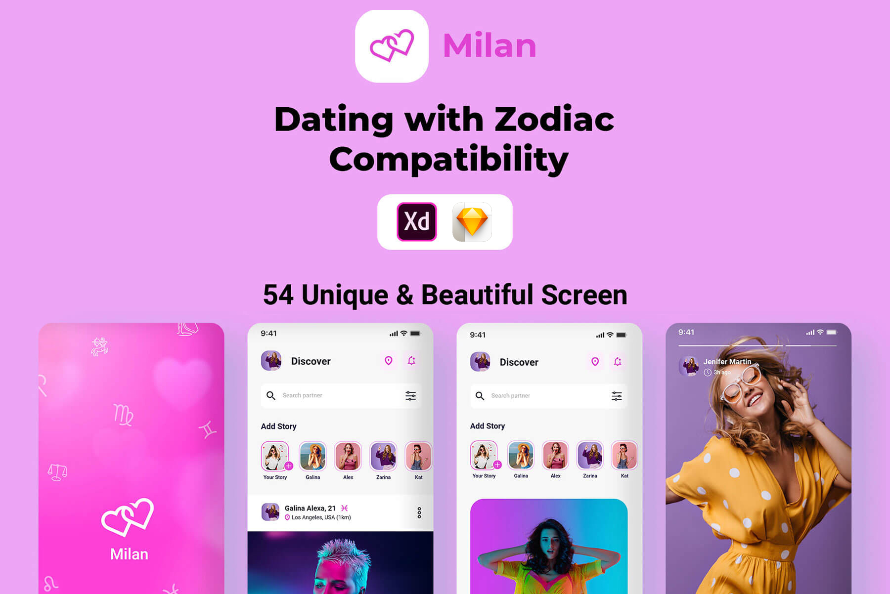 Milan – Dating with Zodiac Compatibility 54屏现代流行在线社交交友平台app界面设计粉色UI套件模板