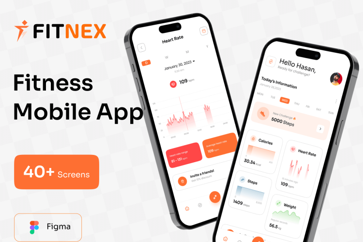 Fitnex – Fitness Mobile App UI Kit 40屏健身锻炼在线教学健康膳食用户界面app设计ui套件模板