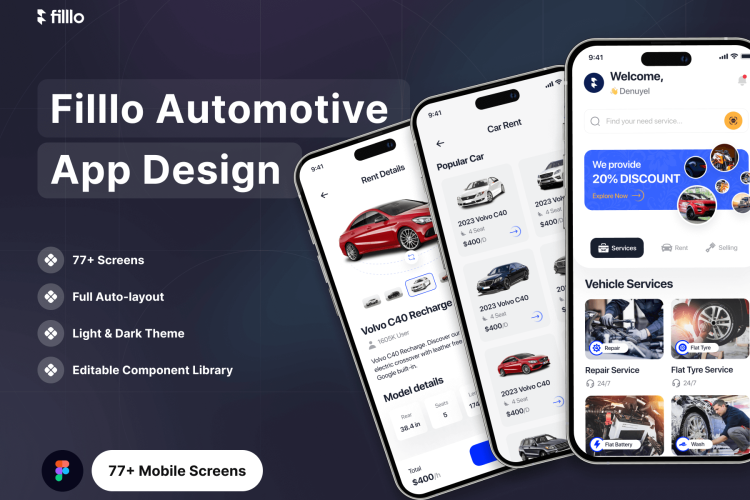 Filllo Automotive App UI Kit 77屏在线汽车售卖租赁二手车交易平台用户界面app设计模板