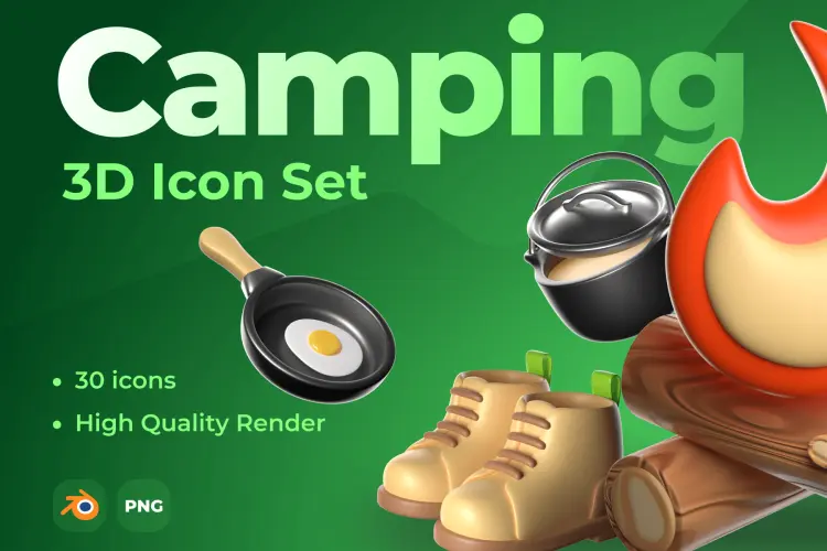 3D Icon Set — Camping and Travel 30款卡通创意徒步旅游野营露营3D图标Icons设计素材合集
