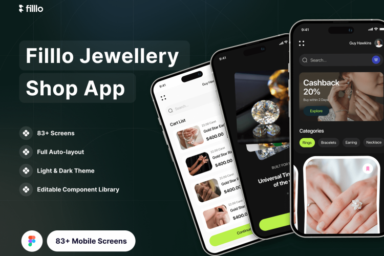 Filllo Jewellery Shop App UI Kit 83屏在线珠宝展示订购专卖店用户界面电商app设计ui套件模板