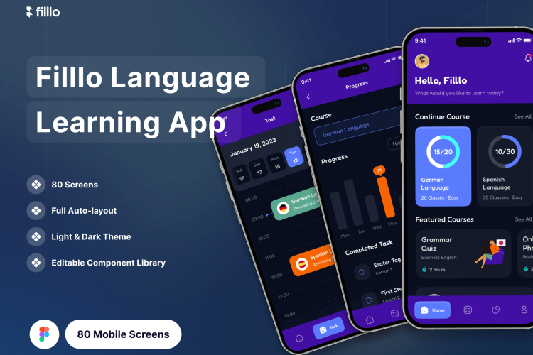 Filllo Language Learning App UI Kit 80屏在线语言课程学习教学用户界面app设计ui套件模板