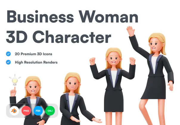 Business Woman 3D Character 20个黑色商务装卡通女性手势动作演示插图插画设计图片png免抠图素材