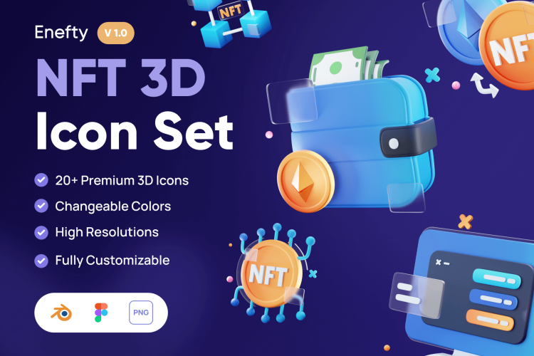 Enefty – NFT 3D Icon Set 20款金融科技NFT比特币数字加密货币3D图标icon素材png免抠图设计素材