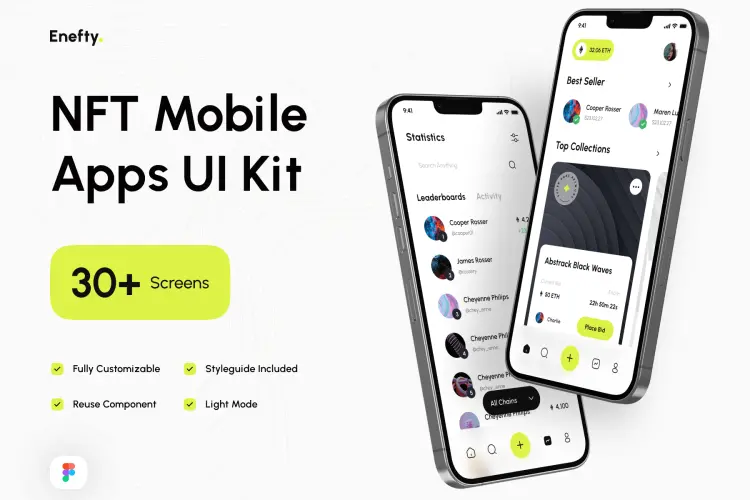 Enefty – NFT Mobile Apps UI Kit 30多屏现代极简NFT交易平台APP应用程序界面设计UI套件